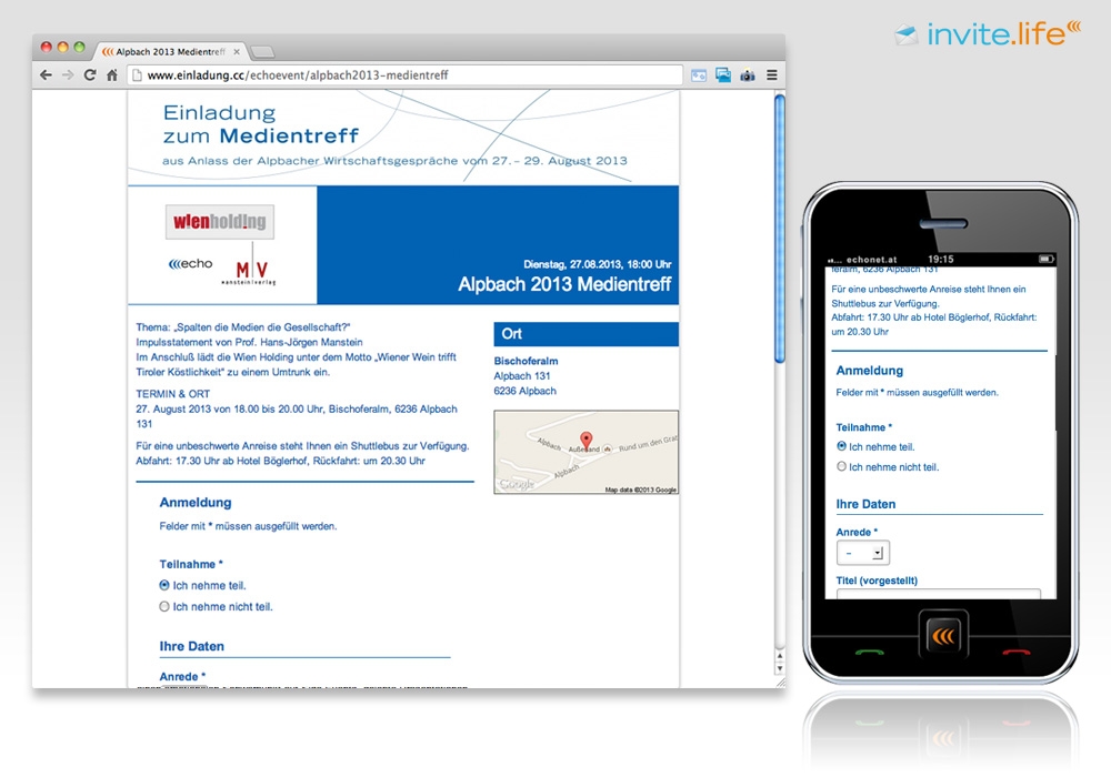 Anmelde-Webseite: Medientreff beim Forum Alpbach 2013 © Auftraggeber & Fotocredits lt. Einladung