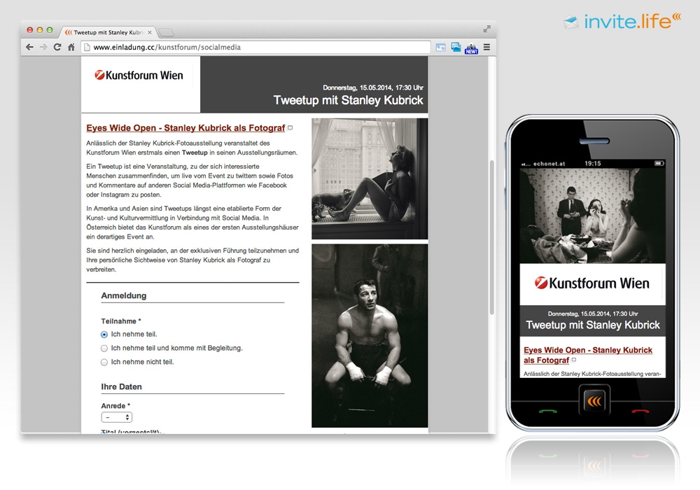 Anmelde-Webseite: Bank Austria Kunstforum / Tweetup mit Stanley Kubrick © Auftraggeber & Fotocredits lt. Einladung