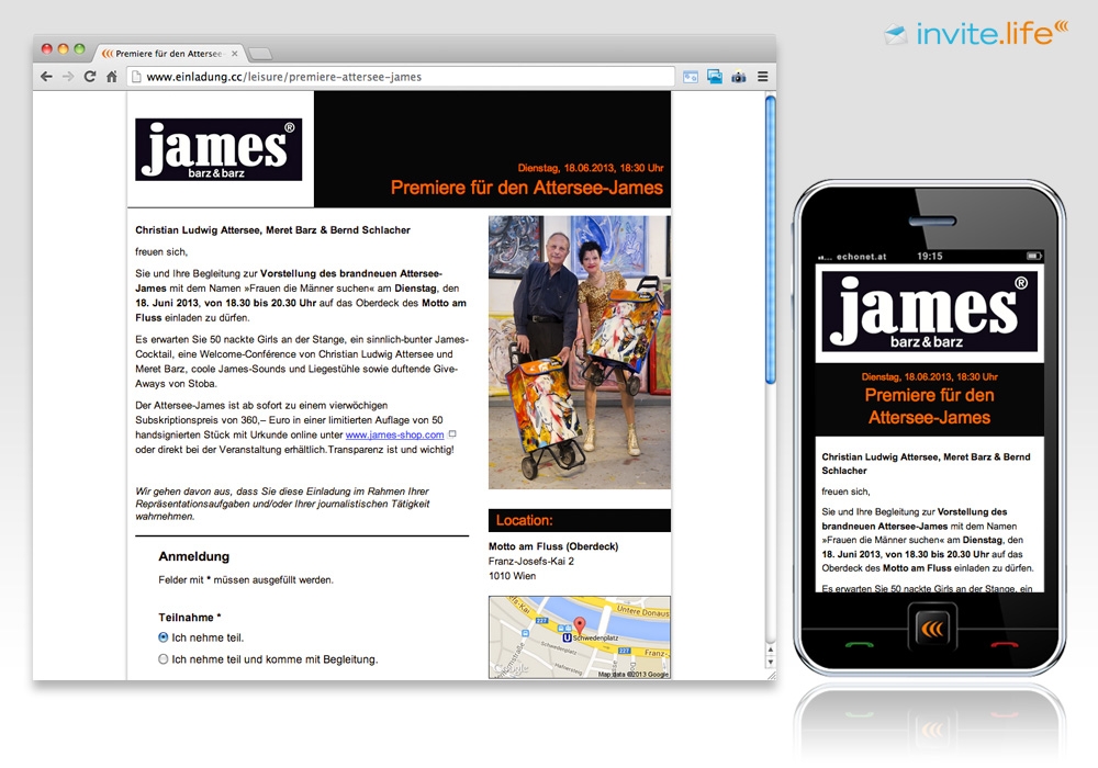 Anmelde-Webseite: Attersee / James 2013 © Auftraggeber & Fotocredits lt. Einladung