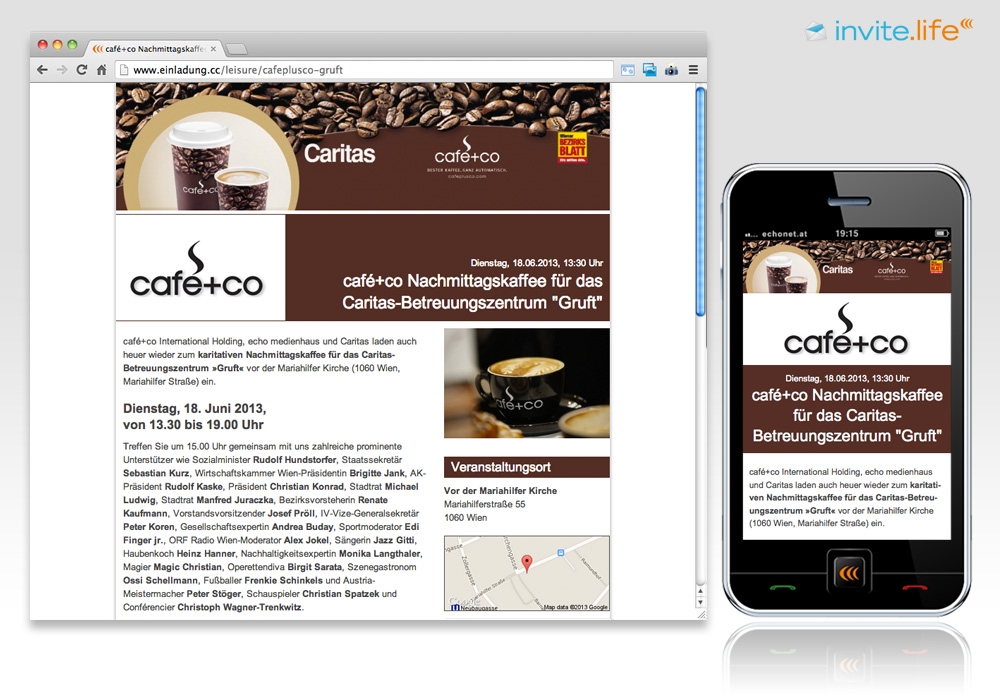Anmelde-Webseite: Cafe + Co Nachmittagskaffee © Auftraggeber & Fotocredits lt. Einladung