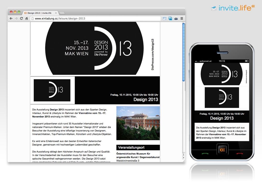 Anmelde-Webseite: Design 2013 Messe im MAK © Auftraggeber & Fotocredits lt. Einladung