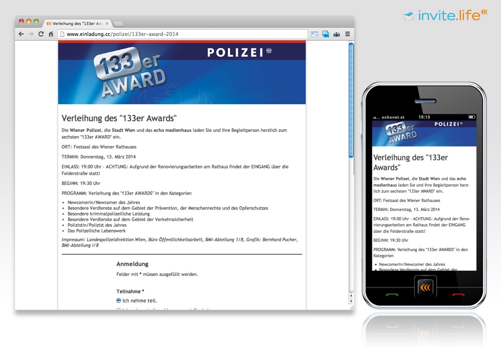 Anmelde-Webseite: 133er-Award der Wiener Polizei 2014 © Auftraggeber & Fotocredits lt. Einladung