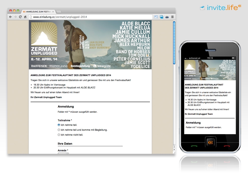 Anmelde-Webseite: Zermatt Unplugged 2014 © Auftraggeber & Fotocredits lt. Einladung