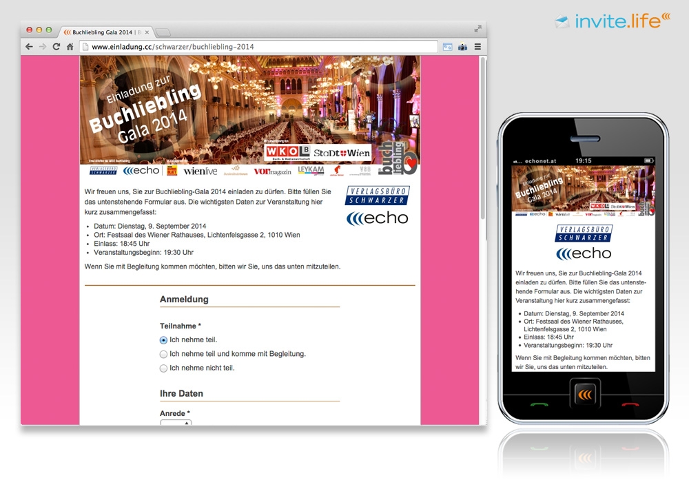Anmelde-Webseite: Buchliebling-Gala 2014 © Auftraggeber & Fotocredits lt. Einladung