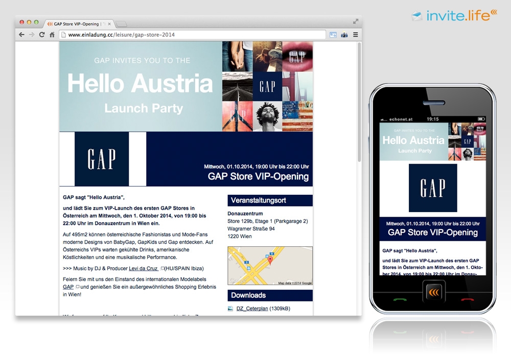 Anmelde-Webseite: GAP Store Vienna 2014 © Auftraggeber & Fotocredits lt. Einladung