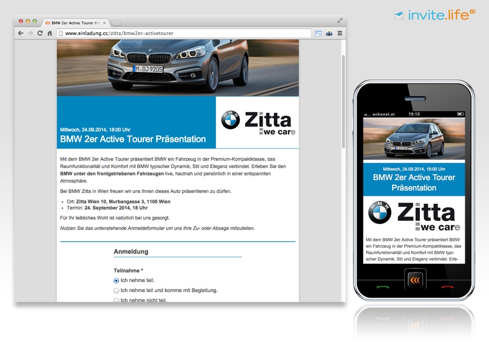 Anmelde-Webseite: BMW Zitta 2er Active Tourer Präsentation 2014 © Auftraggeber & Fotocredits lt. Einladung