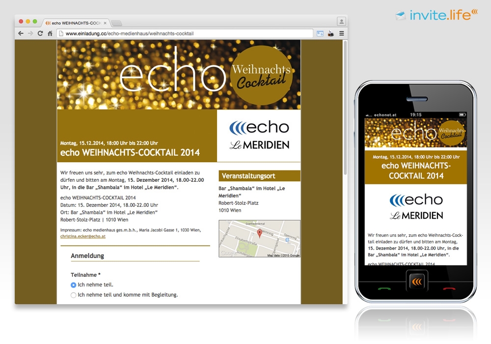 Anmelde-Webseite: ECHO Weihnachtscocktail 2014 © Auftraggeber & Fotocredits lt. Einladung