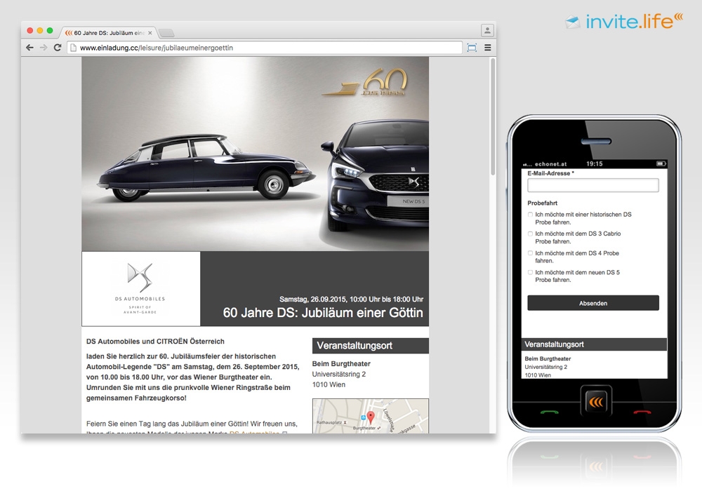 Anmelde-Webseite: 60 Jahre DS - Citroen Österreich © Auftraggeber & Fotocredits lt. Einladung