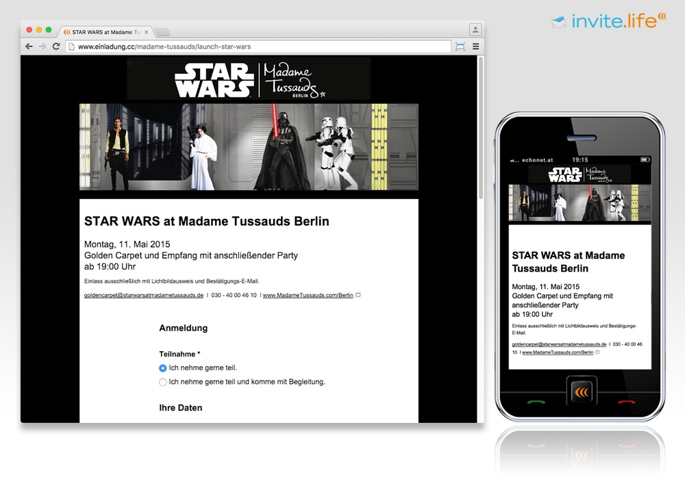 Anmelde-Webseite: Star Wars in Madame Tussauds Berlin 2015 © Auftraggeber & Fotocredits lt. Einladung