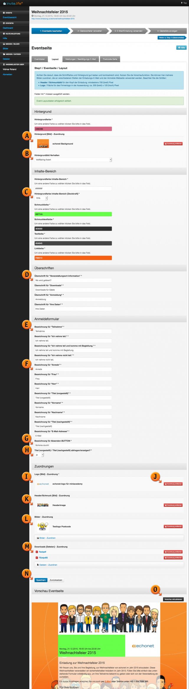 Schritt 1: Eventseite bearbeiten / Reiter "Layout" © echonet communication GmbH