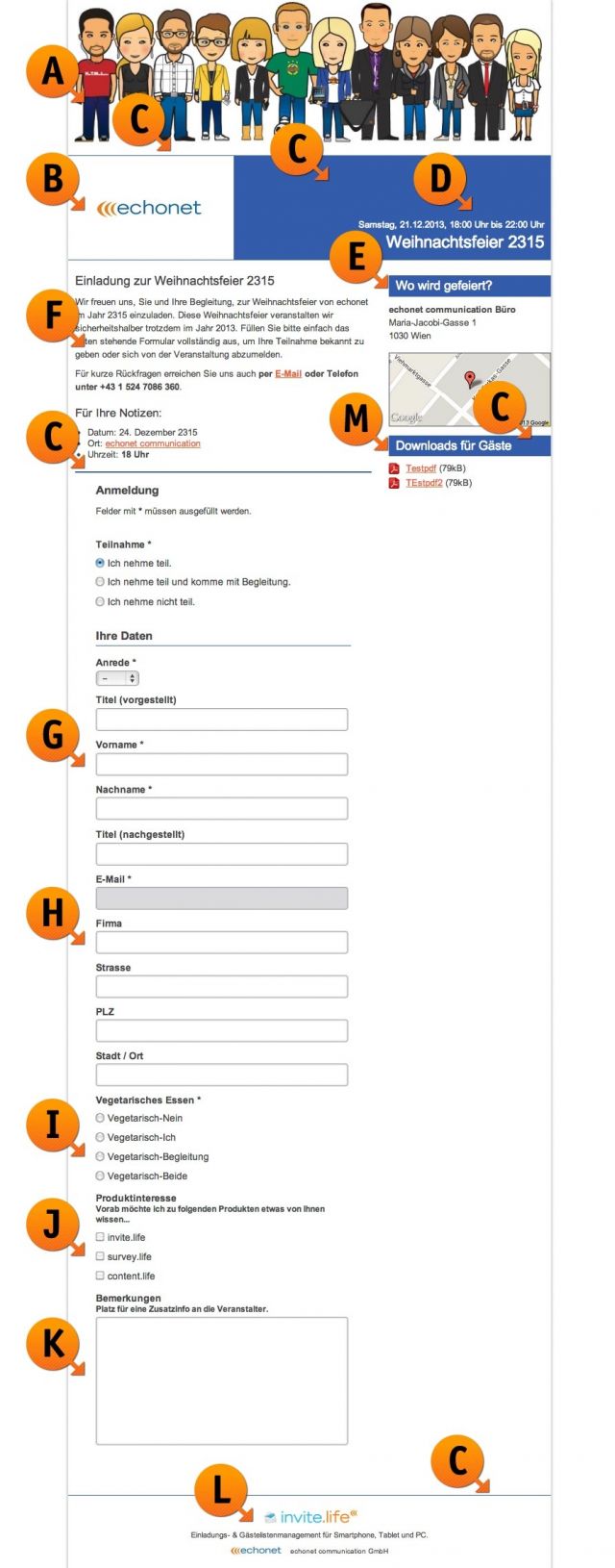 Einladungs-Webseite: Ergebnis der Eingaben © echonet communication GmbH