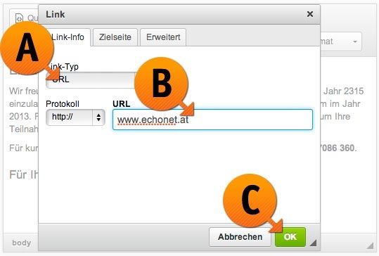 WYSIWYG-Editor: Verlinkung zu Webseite oder Datei © echonet communication GmbH
