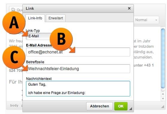 WYSIWYG-Editor: Verlinkung zu E-Mails - die Mailto-Funktion © echonet communication GmbH