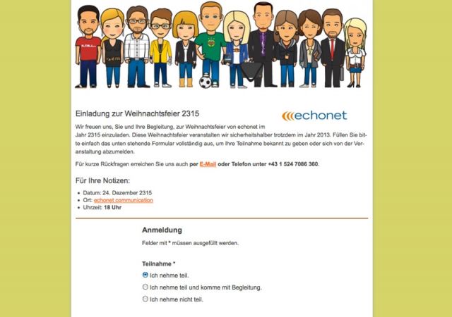 Screenshot: Einladungsseite mit Farbhintergrund © echonet communication GmbH