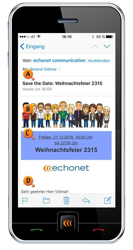 Darstellung: Save the Date-Mail am iPhone 5S © echonet communication GmbH