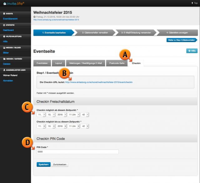 Schritt 1: Eventseite bearbeiten / Reiter "CheckIn" © echonet communication GmbH