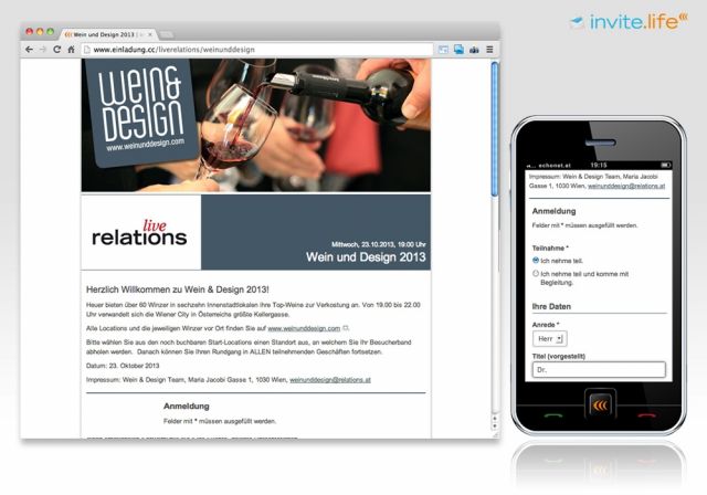 Beispielscreen: Anmelde-Webseite für Wein & Design 2013 © echonet communication GmbH & liverelations PR & Networking GmbH