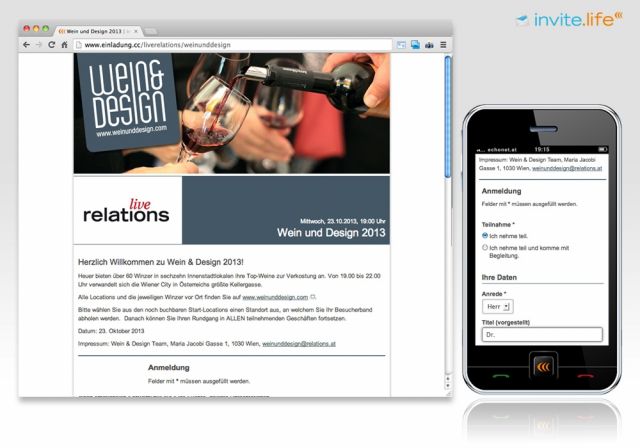 Beispielscreen: Anmelde-Webseite für Wein & Design 2013 © echonet communication GmbH & liverelations PR & Networking GmbH