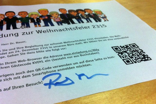 Beispiel-Einladung mit PostCode und QR-Code © echonet communication GmbH